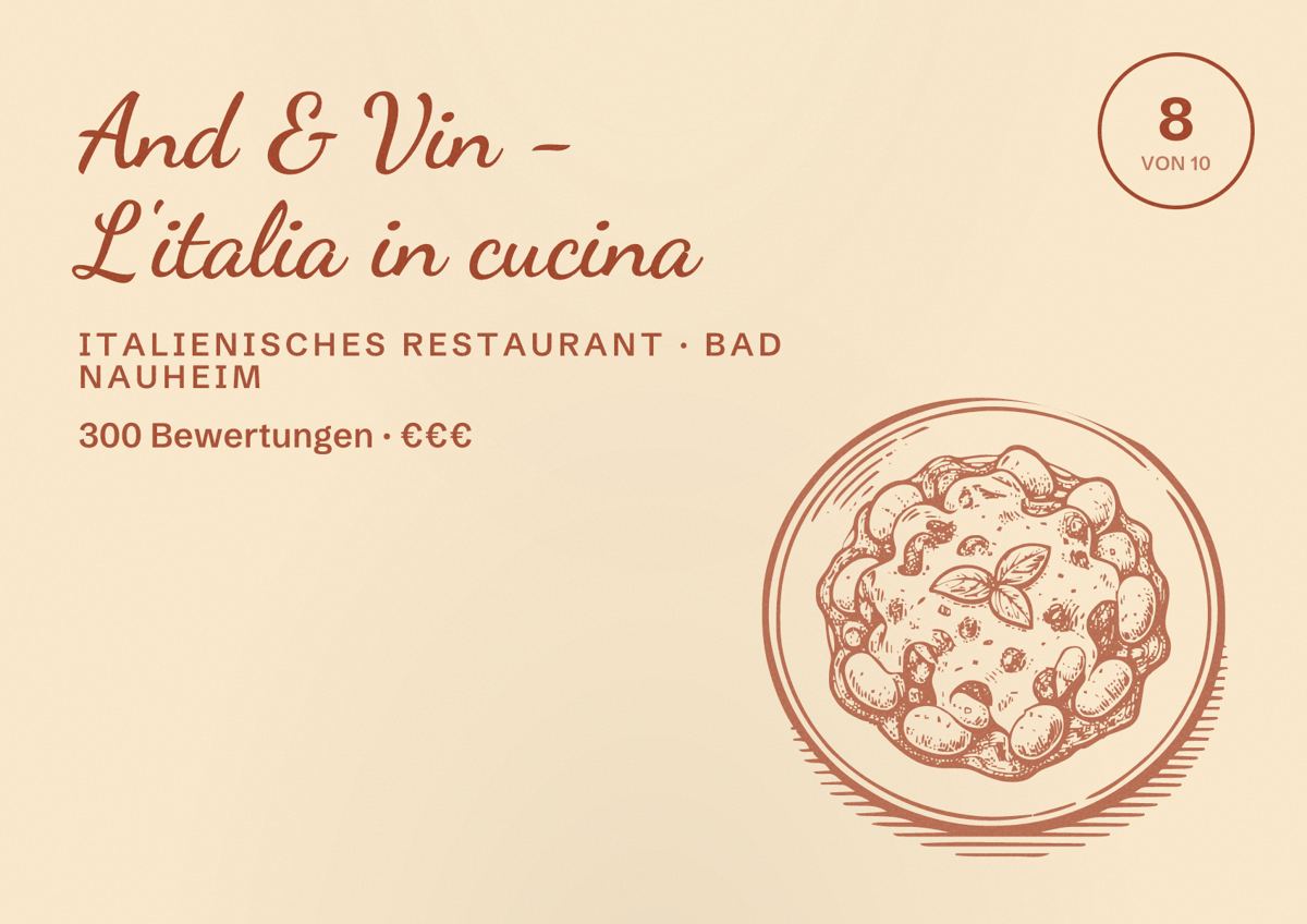 Illustriertes Poster von And & Vin - L'italia in cucina, Italienisches Restaurant in Bad Nauheim: Bewertung 8 von 10 aus 300 Bewertungen, Preisniveau €€€