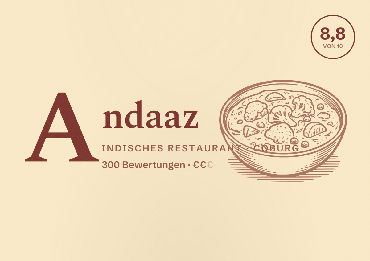Illustriertes Poster von Andaaz, Indisches Restaurant in Coburg: Bewertung 8,8 von 10 aus 300 Bewertungen, Preisniveau €€