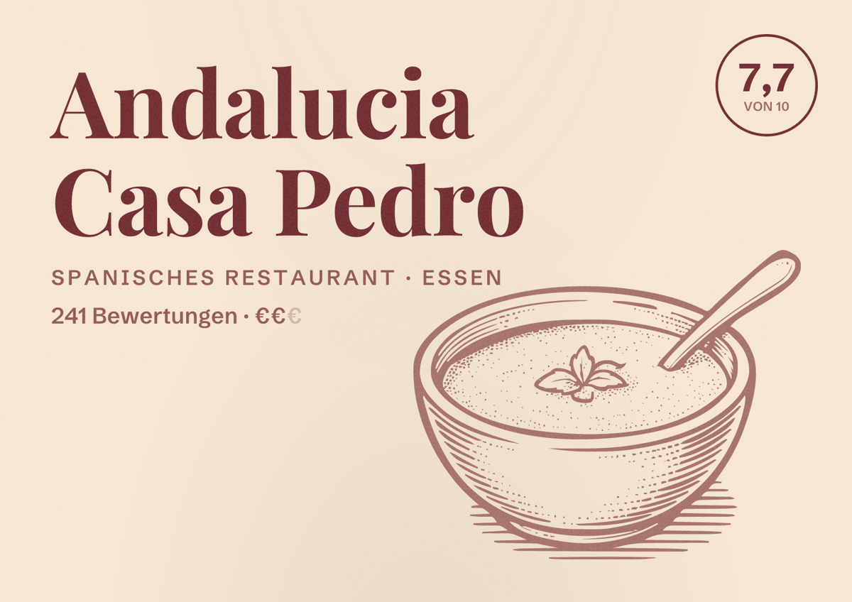 Illustriertes Poster von Andalucia Casa Pedro, Spanisches Restaurant in Essen: Bewertung 7,7 von 10 aus 241 Bewertungen, Preisniveau €€