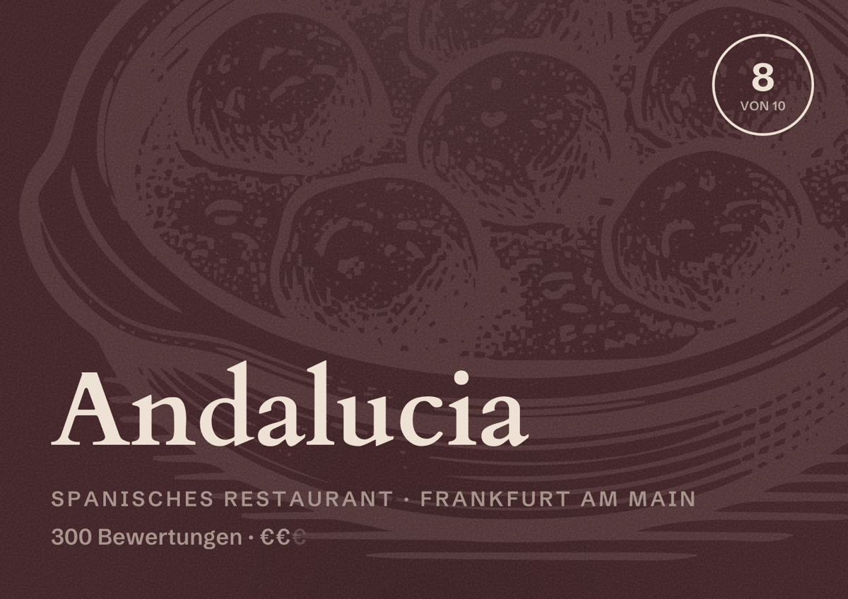 Illustriertes Poster von Andalucia, Spanisches Restaurant in Frankfurt am Main: Bewertung 8,0 von 10 aus 300 Bewertungen, Preisniveau €€