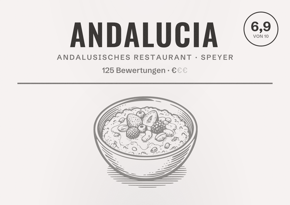 Illustriertes Poster von Andalucia, Andalusisches Restaurant in Speyer: Bewertung 6,9 von 10 aus 125 Bewertungen, Preisniveau €