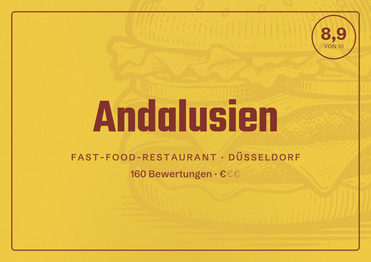 Illustriertes Poster von Andalusien, Fast-Food-Restaurant in Düsseldorf: Bewertung 8,9 von 10 aus 160 Bewertungen, Preisniveau €