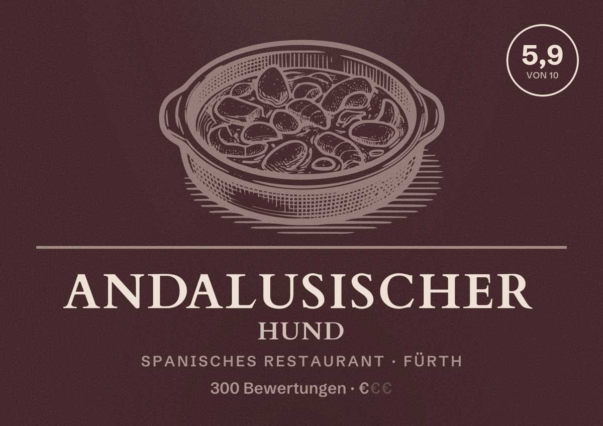 Illustriertes Poster von Andalusischer Hund, Spanisches Restaurant in Fürth: Bewertung 5,9 von 10 aus 300 Bewertungen, Preisniveau €