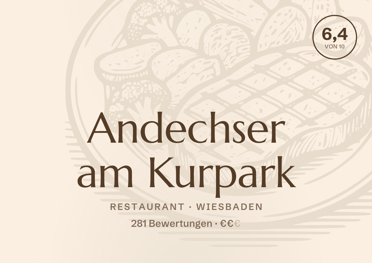 Illustriertes Poster von Andechser am Kurpark, Restaurant in Wiesbaden: Bewertung 6,4 von 10 aus 281 Bewertungen, Preisniveau €€