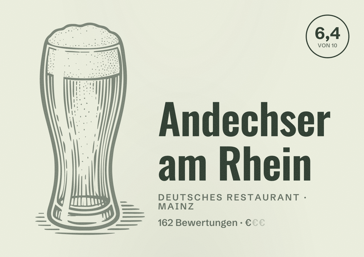 Illustriertes Poster von Andechser am Rhein, Deutsches Restaurant in Mainz: Bewertung 6,4 von 10 aus 162 Bewertungen, Preisniveau €