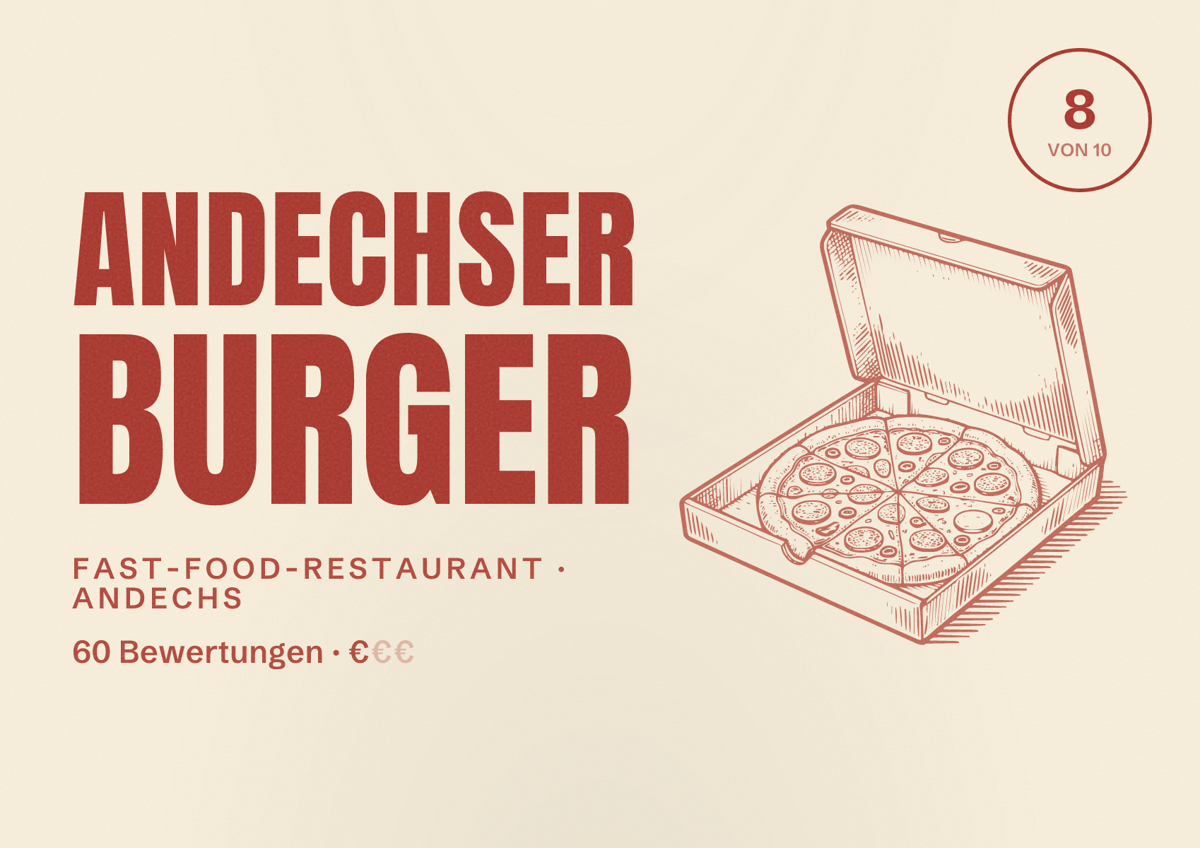 Illustriertes Poster von Andechser Burger, Fast-Food-Restaurant in Andechs: Bewertung 8 von 10 aus 60 Bewertungen, Preisniveau €