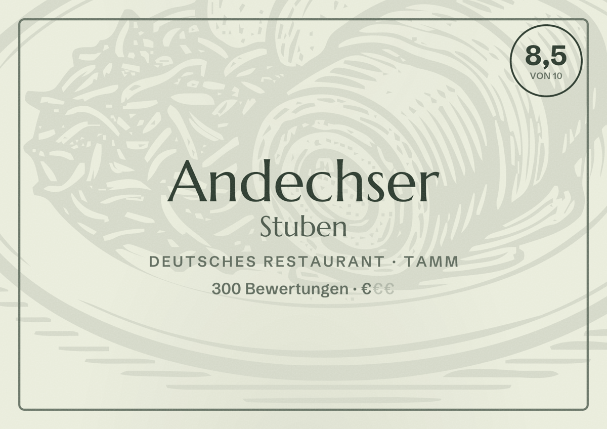 Illustriertes Poster von Andechser Stuben, Deutsches Restaurant in Tamm: Bewertung 8,5 von 10 aus 300 Bewertungen, Preisniveau €