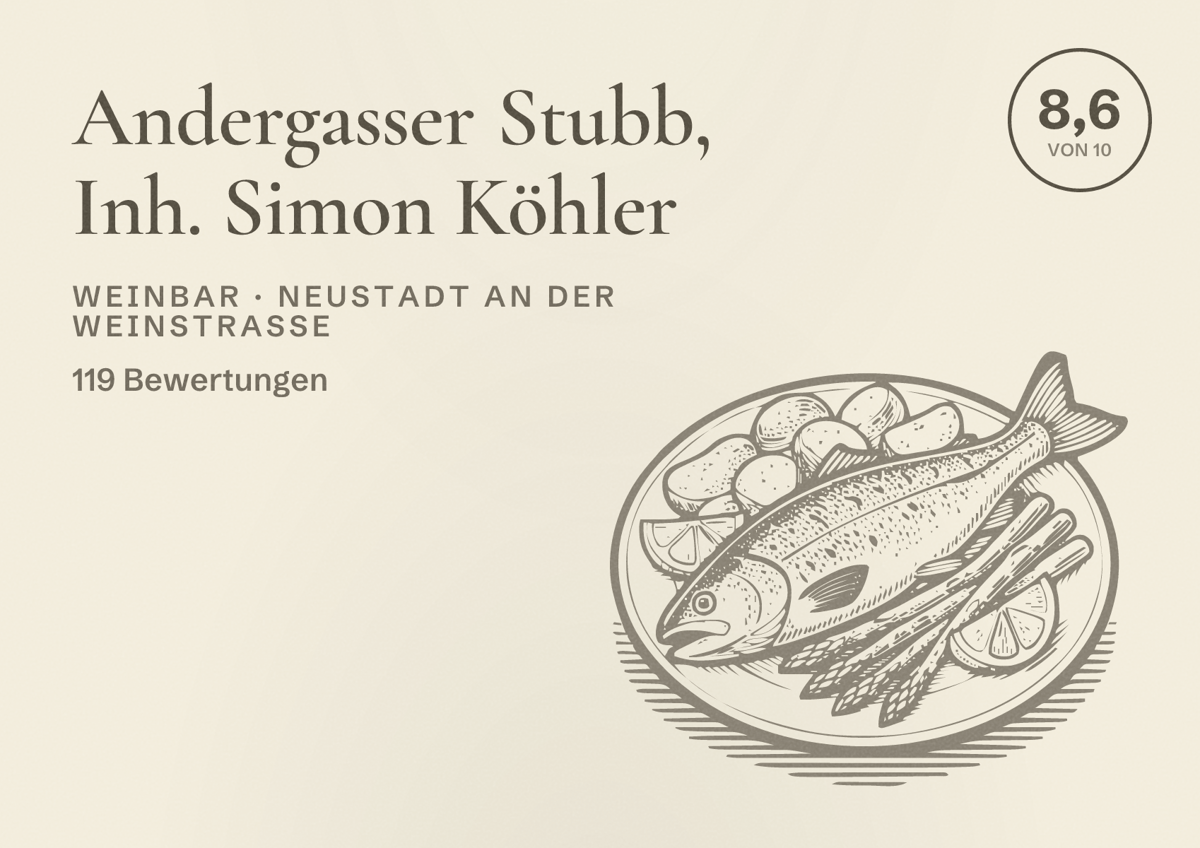 Illustriertes Poster von Andergasser Stubb, Inh. Simon Köhler, Weinbar in Neustadt an der Weinstraße: Bewertung 8,6 von 10 aus 119 Bewertungen