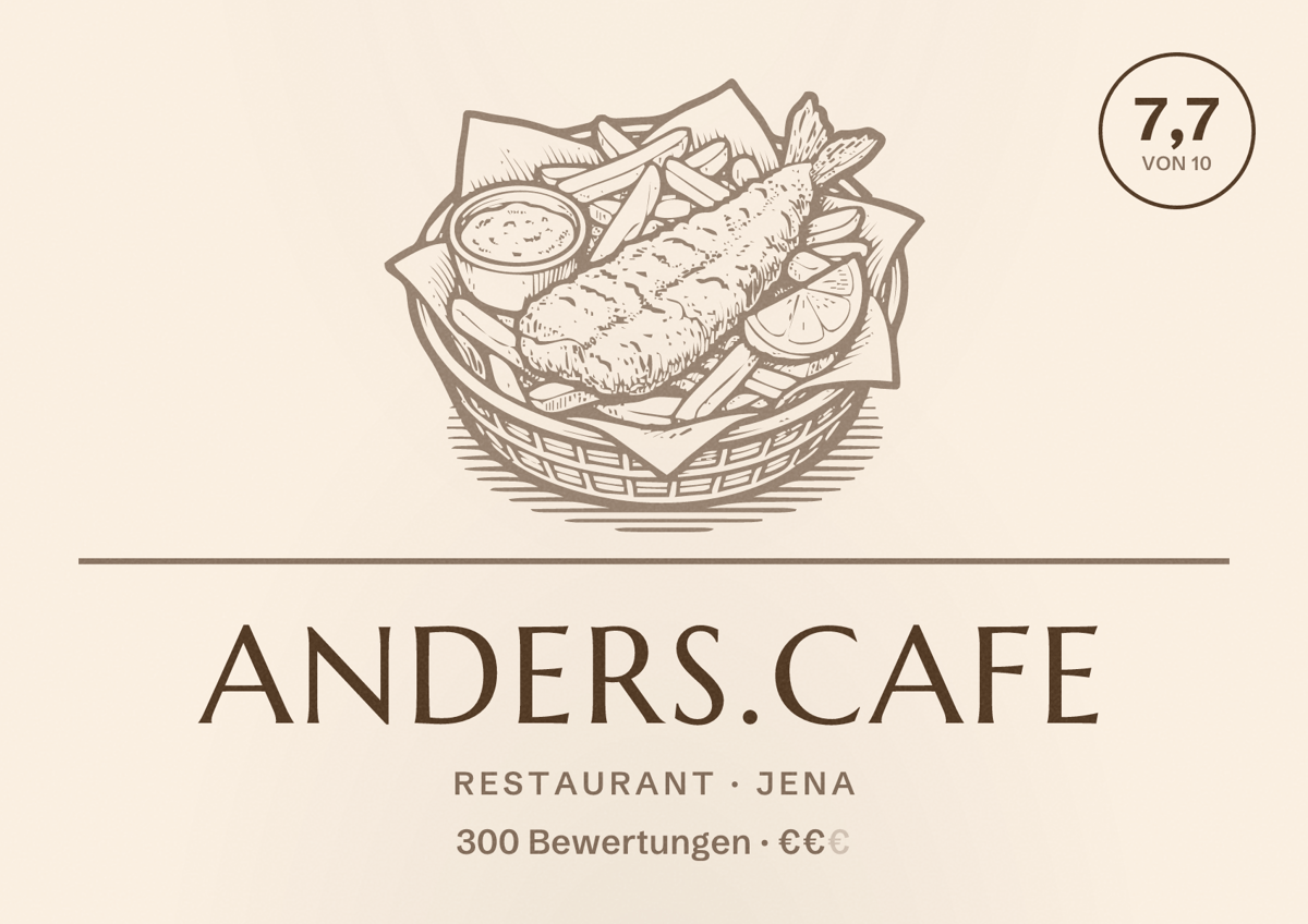 Illustriertes Poster von ANDERS.Cafe, Restaurant in Jena: Bewertung 7,7 von 10 aus 300 Bewertungen, Preisniveau €€