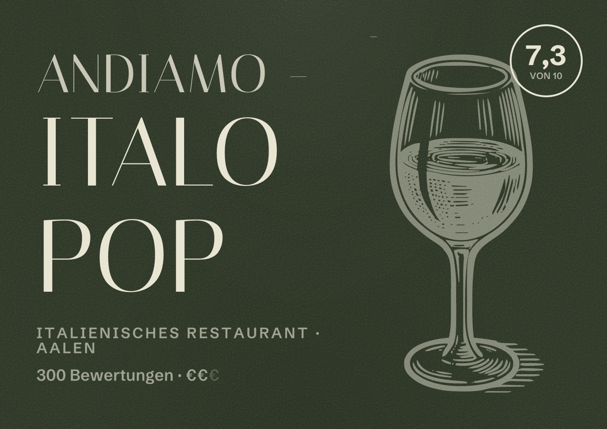 Illustriertes Poster von ANDIAMO - Italo Pop, Italienisches Restaurant in Aalen: Bewertung 7,3 von 10 aus 300 Bewertungen, Preisniveau €€
