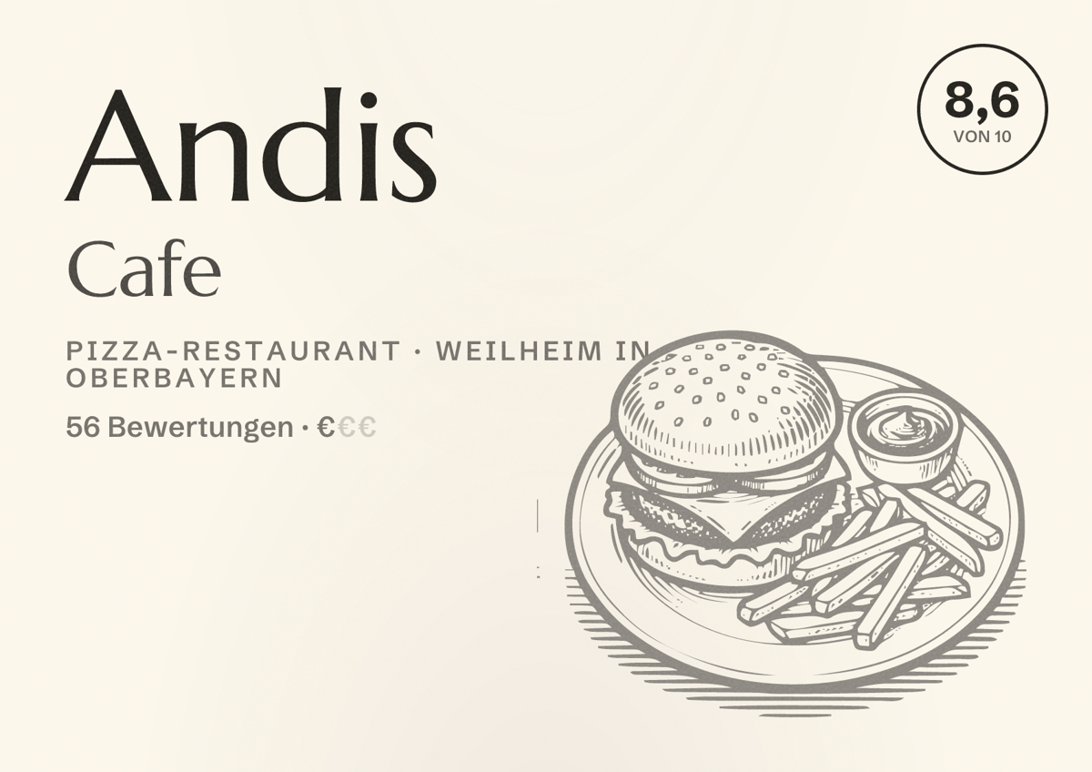 Illustriertes Poster von Andis Cafe, Pizza-Restaurant in Weilheim in Oberbayern: Bewertung 8,6 von 10 aus 56 Bewertungen, Preisniveau €