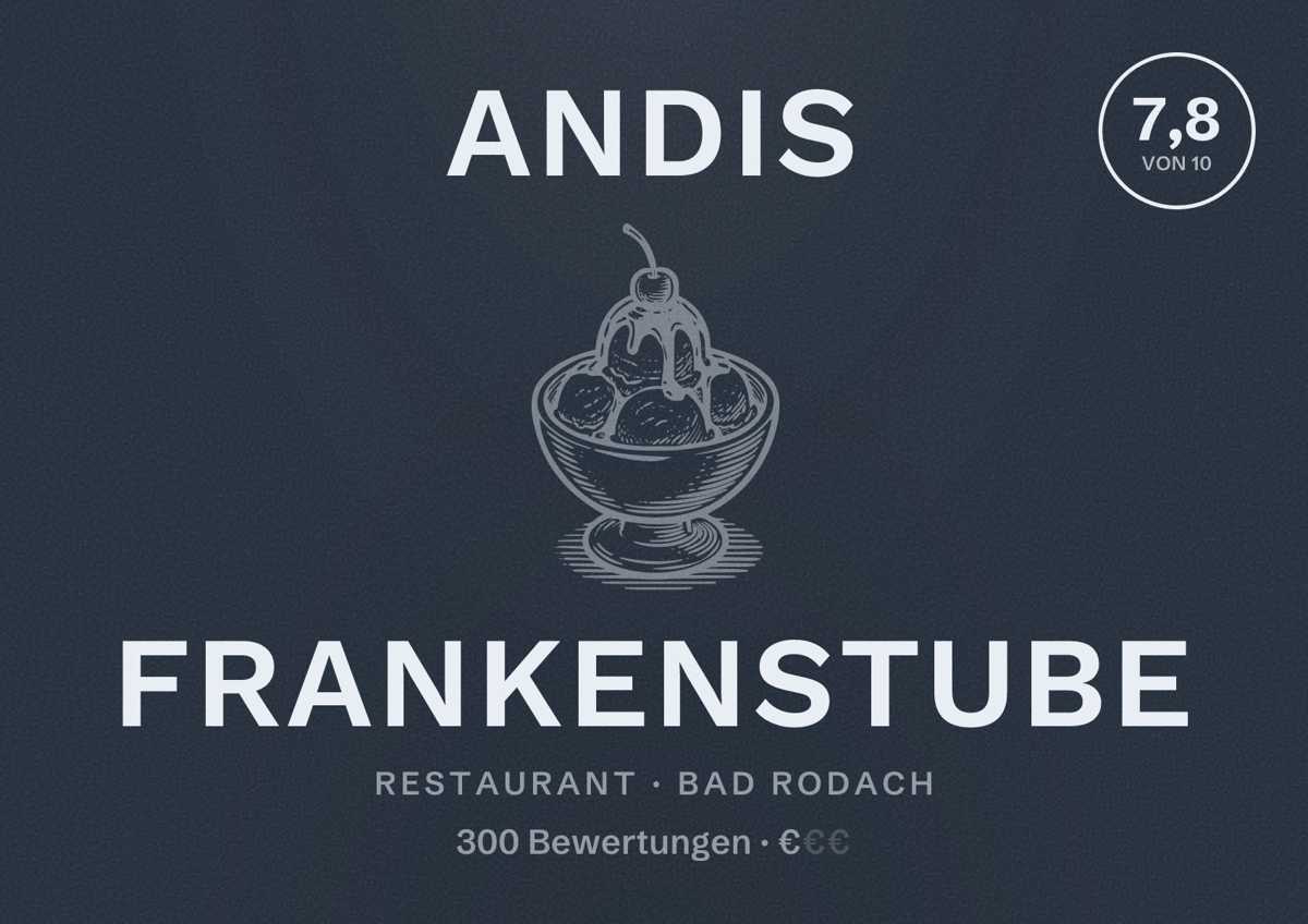 Illustriertes Poster von Andis Frankenstube, Restaurant in Bad Rodach: Bewertung 7,8 von 10 aus 300 Bewertungen, Preisniveau €