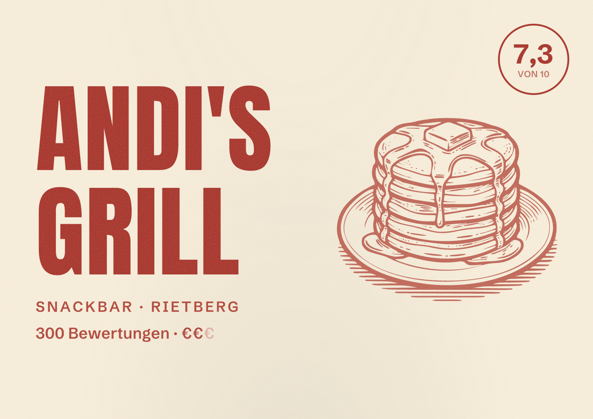 Illustriertes Poster von Andi's Grill, Snackbar in Rietberg: Bewertung 7,3 von 10 aus 300 Bewertungen, Preisniveau €€