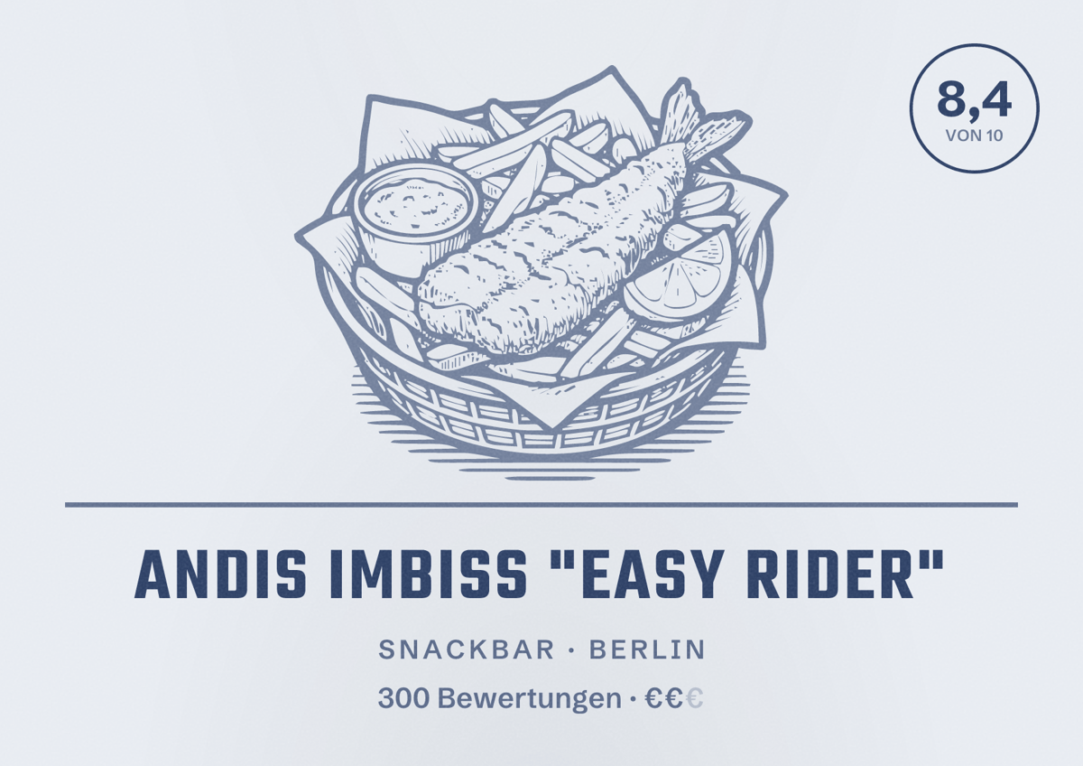 Illustriertes Poster von Andis Imbiss "easy rider", Snackbar in Berlin: Bewertung 8,4 von 10 aus 300 Bewertungen, Preisniveau €€