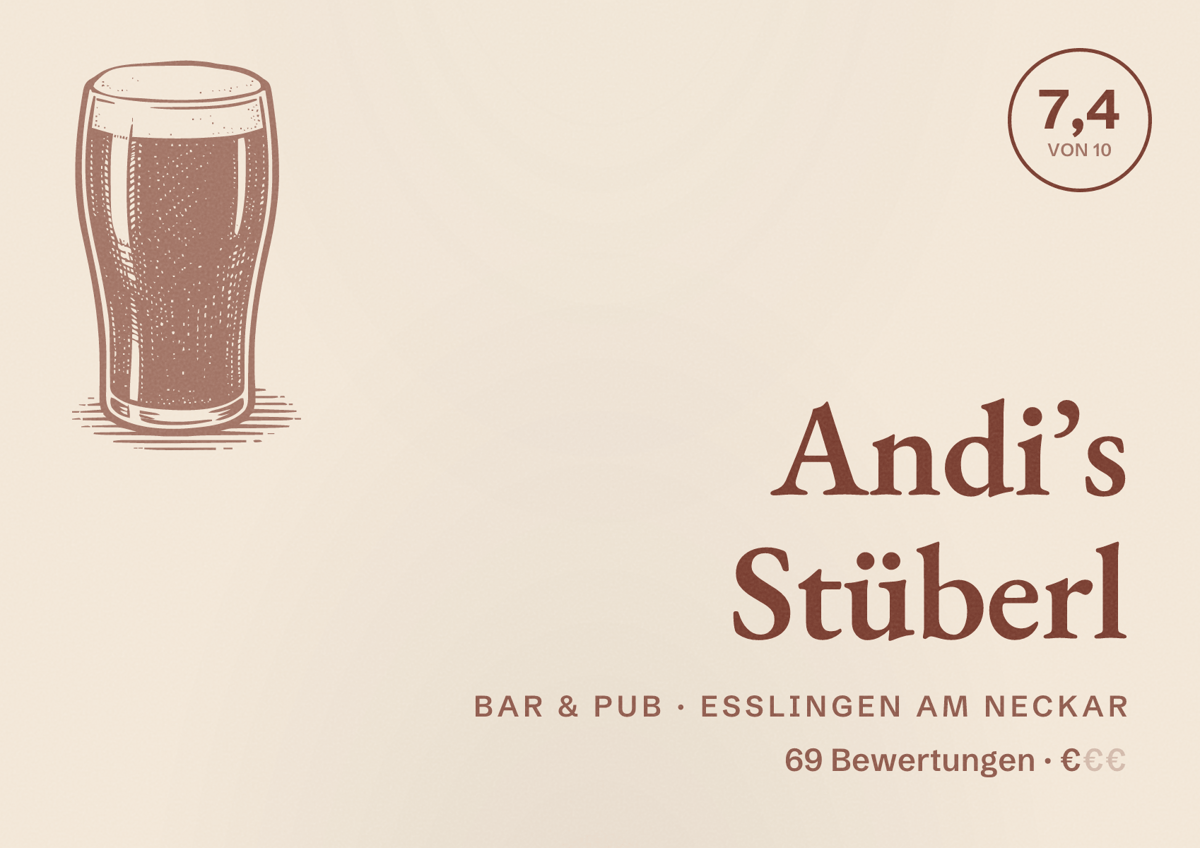 Illustriertes Poster von Andi’s Stüberl, Bar & Pub in Esslingen am Neckar: Bewertung 7,4 von 10 aus 69 Bewertungen, Preisniveau €