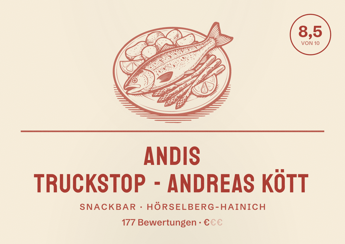 Illustriertes Poster von Andis Truckstop - Andreas Kött, Snackbar in Hörselberg-Hainich: Bewertung 8,5 von 10 aus 177 Bewertungen, Preisniveau €