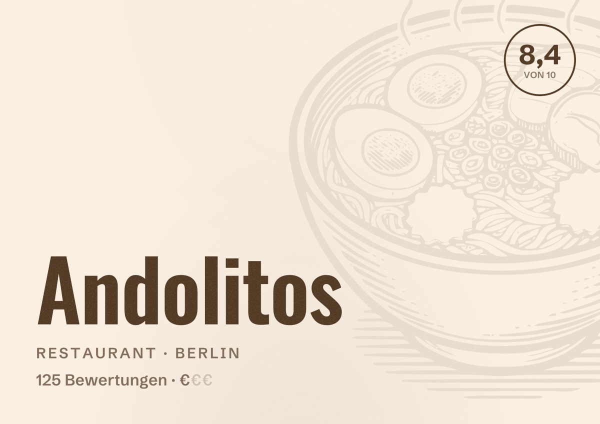 Illustriertes Poster von Andolitos, Restaurant in Berlin: Bewertung 8,4 von 10 aus 125 Bewertungen, Preisniveau €