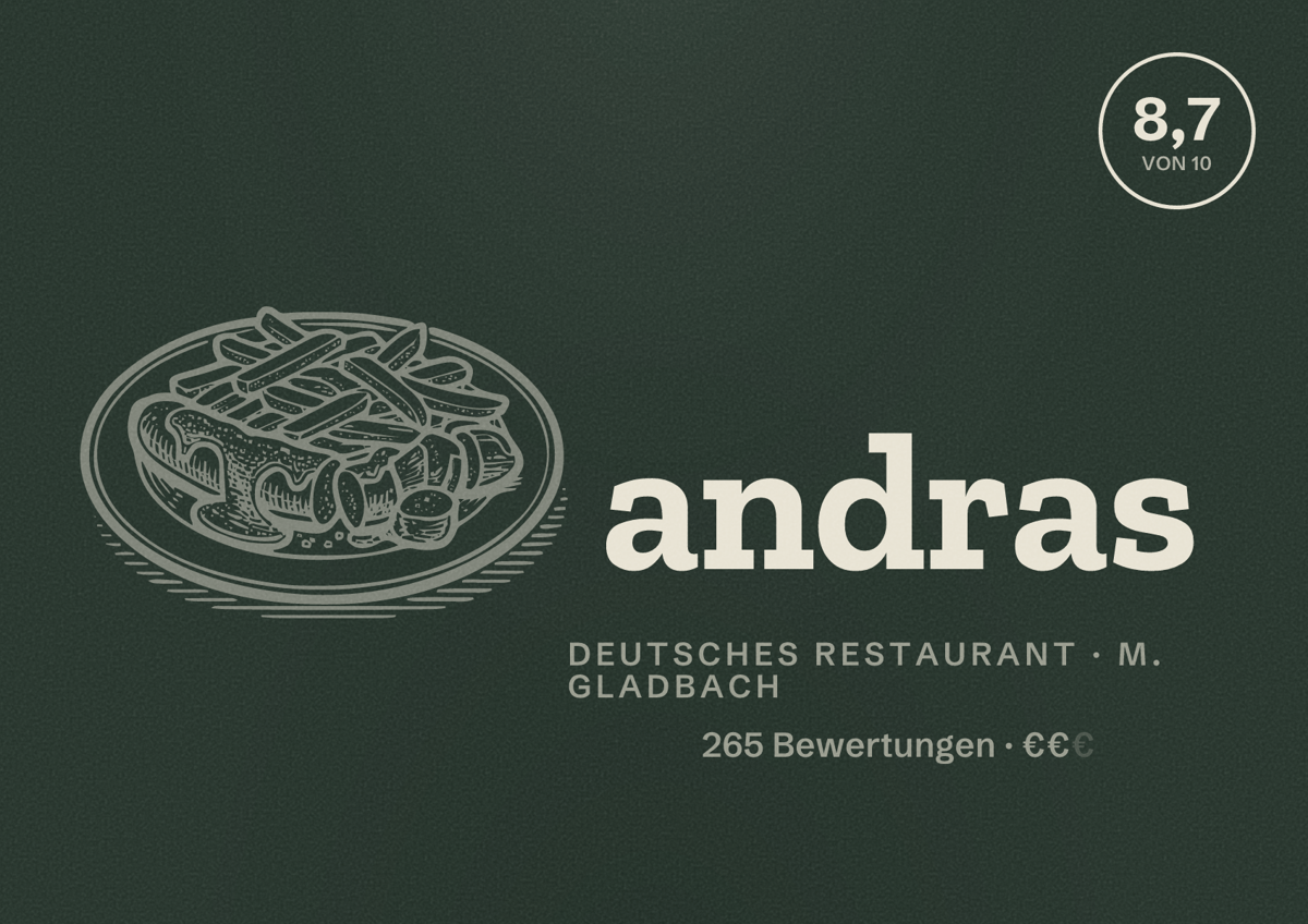 Illustriertes Poster von andras, Deutsches Restaurant in M. Gladbach: Bewertung 8,7 von 10 aus 265 Bewertungen, Preisniveau €€