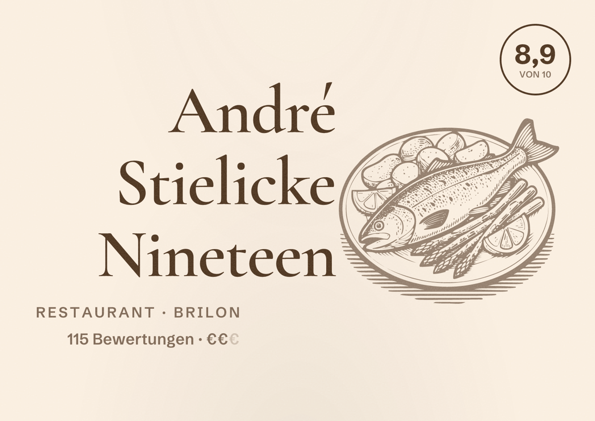 Illustriertes Poster von André Stielicke Nineteen, Restaurant in Brilon: Bewertung 8,9 von 10 aus 115 Bewertungen, Preisniveau €€