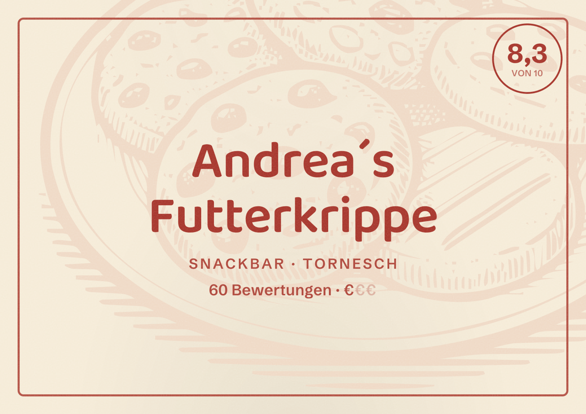 Illustriertes Poster von Andrea´s Futterkrippe, Snackbar in Tornesch: Bewertung 8,3 von 10 aus 60 Bewertungen, Preisniveau €