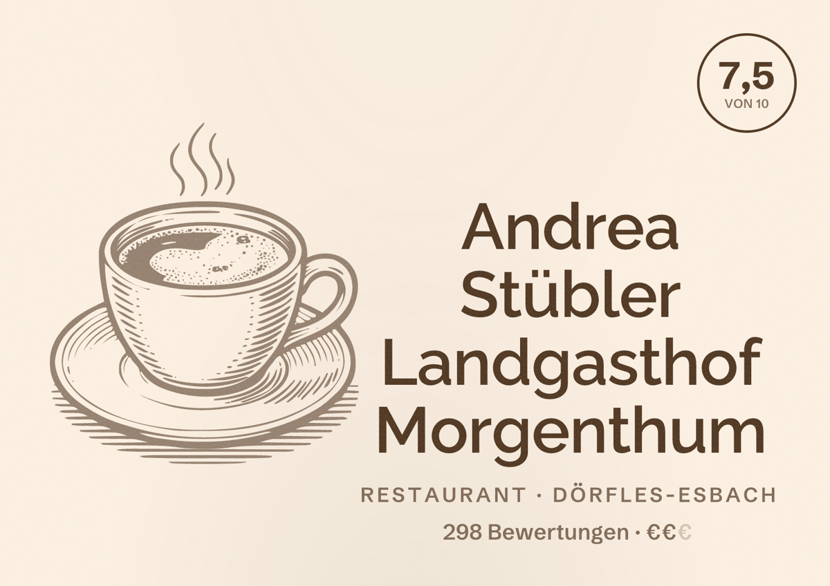 Illustriertes Poster von Andrea Stübler Landgasthof Morgenthum, Restaurant in Dörfles-Esbach: Bewertung 7,5 von 10 aus 298 Bewertungen, Preisniveau €€