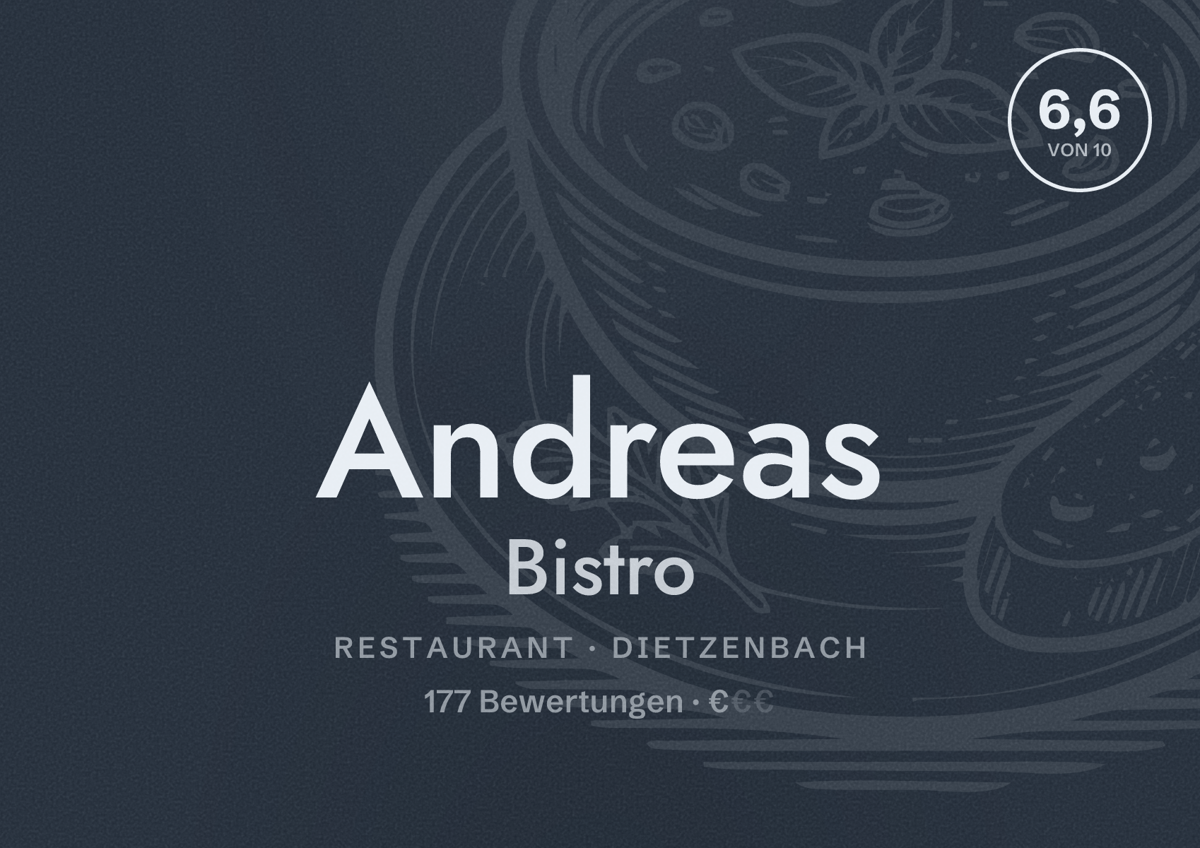 Illustriertes Poster von Andreas Bistro, Restaurant in Dietzenbach: Bewertung 6,6 von 10 aus 177 Bewertungen, Preisniveau €