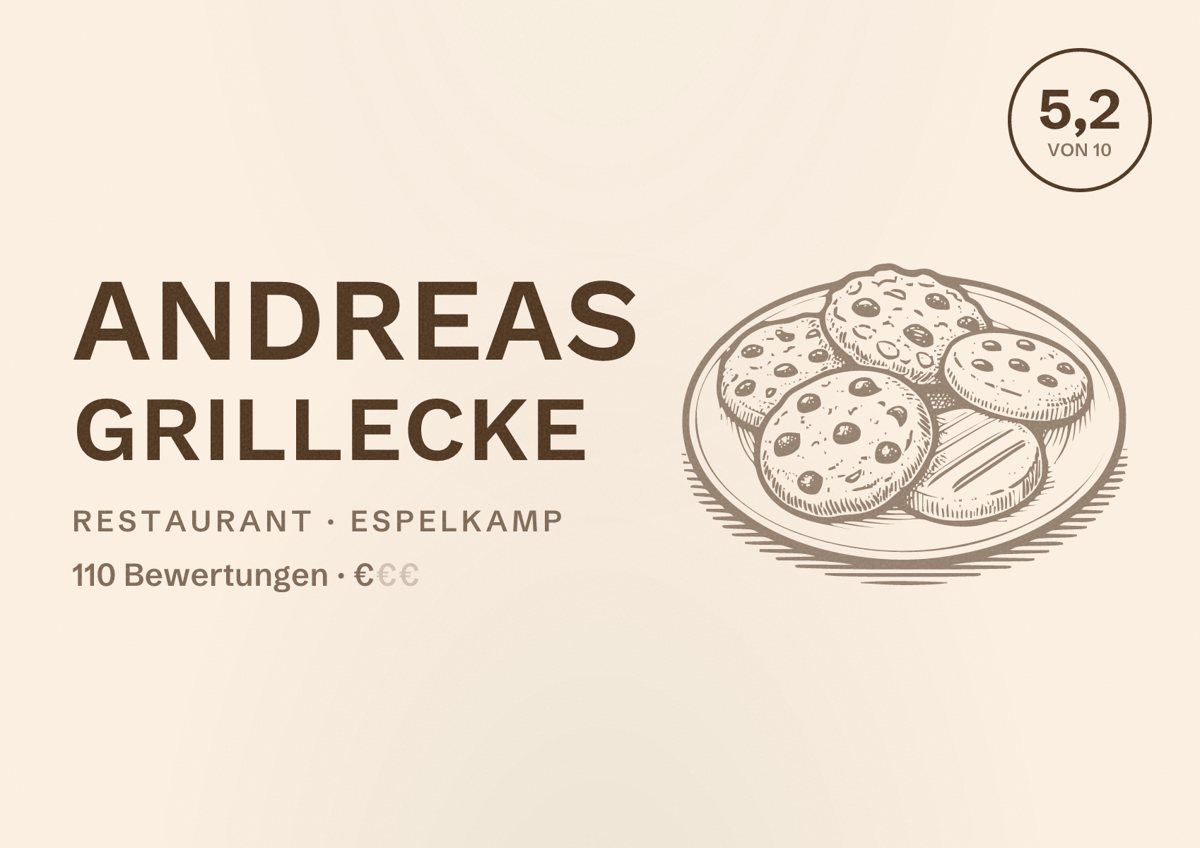 Illustriertes Poster von Andreas Grillecke, Restaurant in Espelkamp: Bewertung 5,2 von 10 aus 110 Bewertungen, Preisniveau €