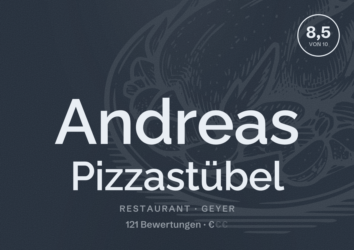 Illustriertes Poster von Andreas Pizzastübel, Restaurant in Geyer: Bewertung 8,5 von 10 aus 121 Bewertungen, Preisniveau €