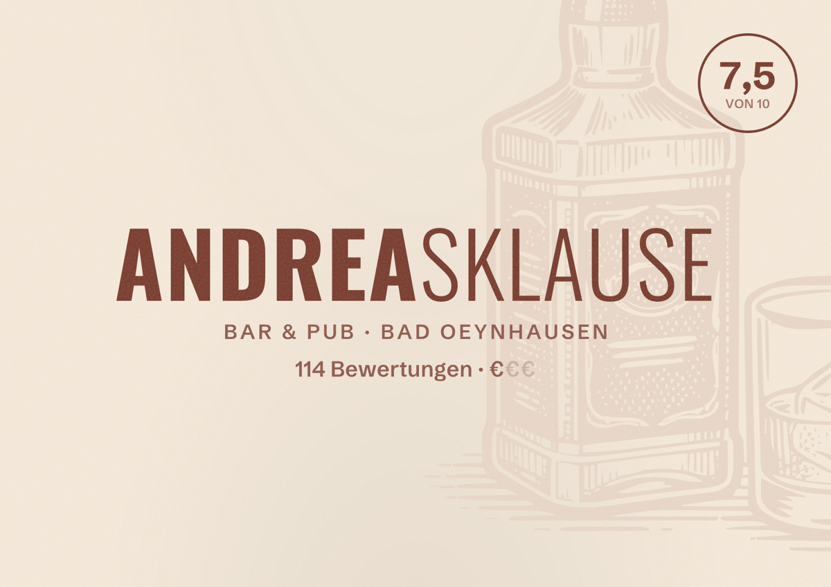 Illustriertes Poster von Andreasklause, Bar & Pub in Bad Oeynhausen: Bewertung 7,5 von 10 aus 114 Bewertungen, Preisniveau €