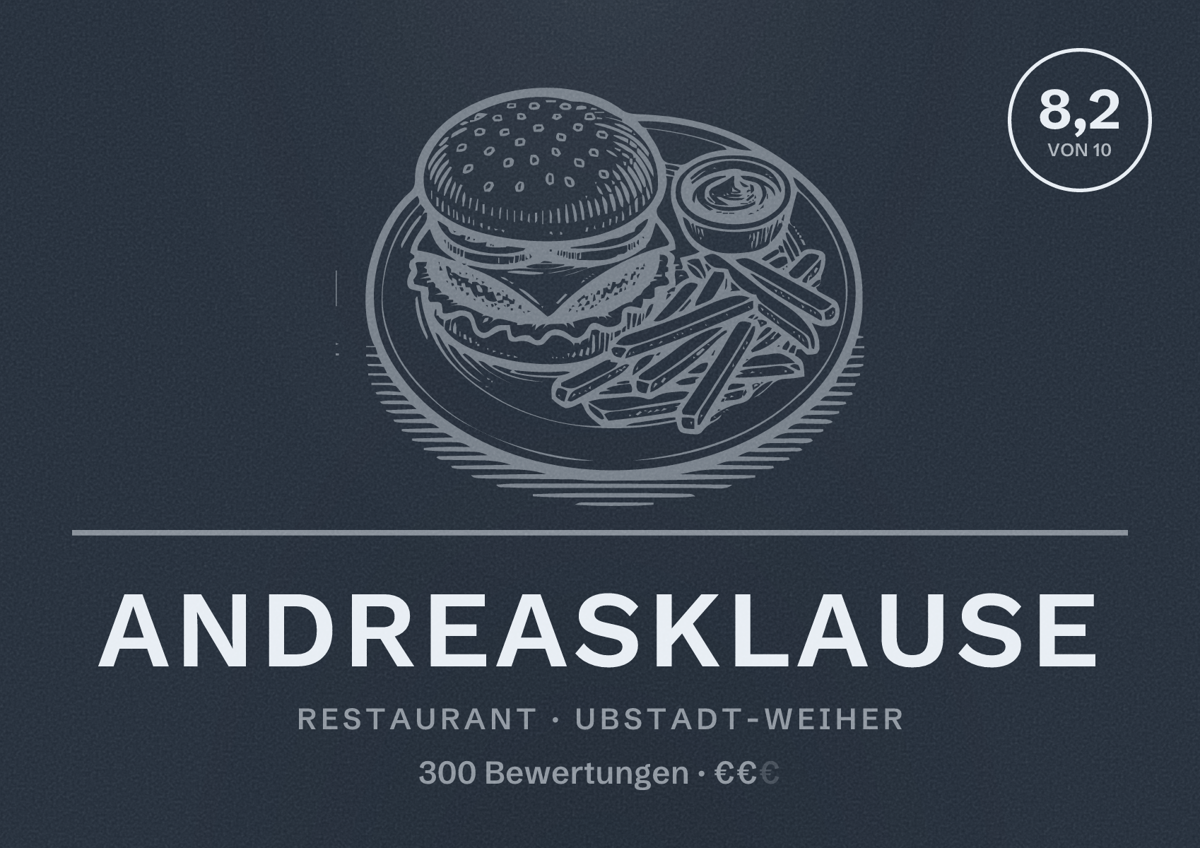 Illustriertes Poster von Andreasklause, Restaurant in Ubstadt-Weiher: Bewertung 8,2 von 10 aus 300 Bewertungen, Preisniveau €€