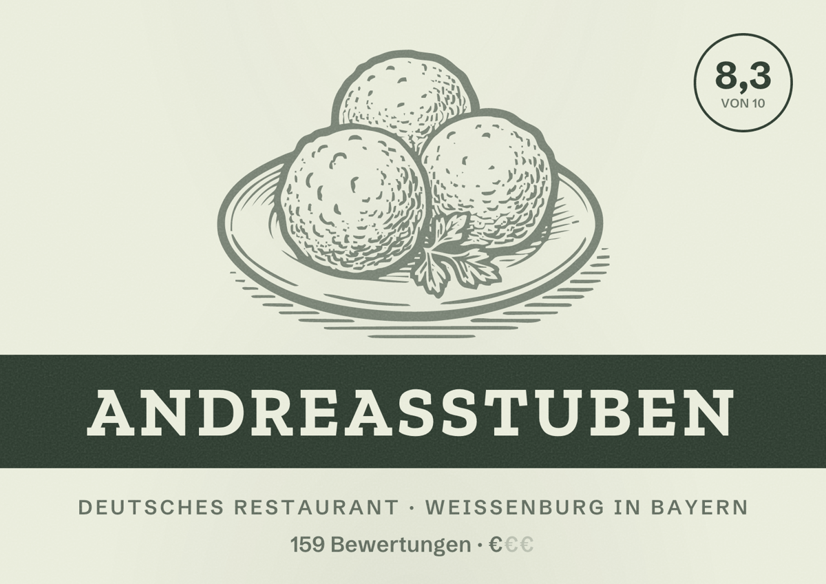 Illustriertes Poster von Andreasstuben, Deutsches Restaurant in Weißenburg in Bayern: Bewertung 8,3 von 10 aus 159 Bewertungen, Preisniveau €