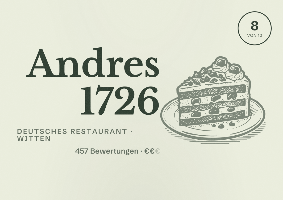Illustriertes Poster von Andres 1726, Deutsches Restaurant in Witten: Bewertung 8 von 10 aus 457 Bewertungen, Preisniveau €€