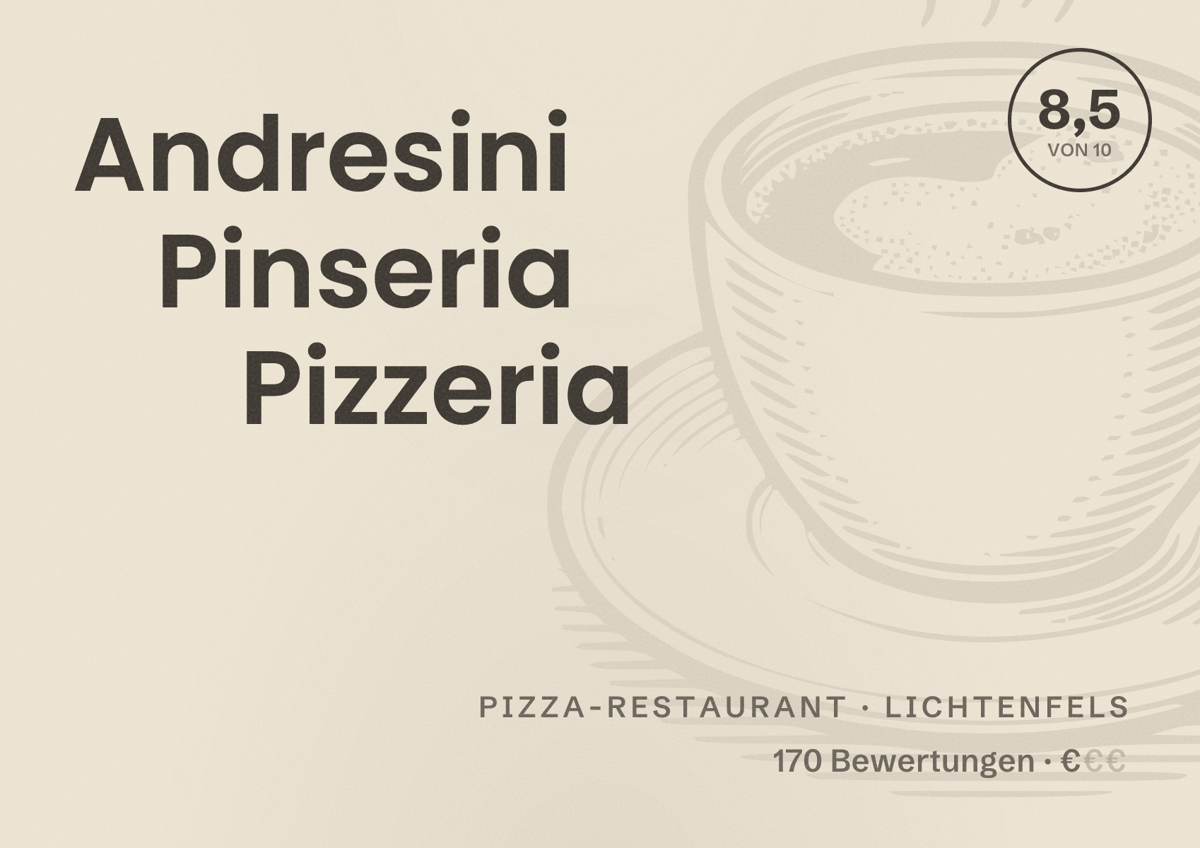 Illustriertes Poster von Andresini Pinseria Pizzeria, Pizza-Restaurant in Lichtenfels: Bewertung 8,5 von 10 aus 170 Bewertungen, Preisniveau €