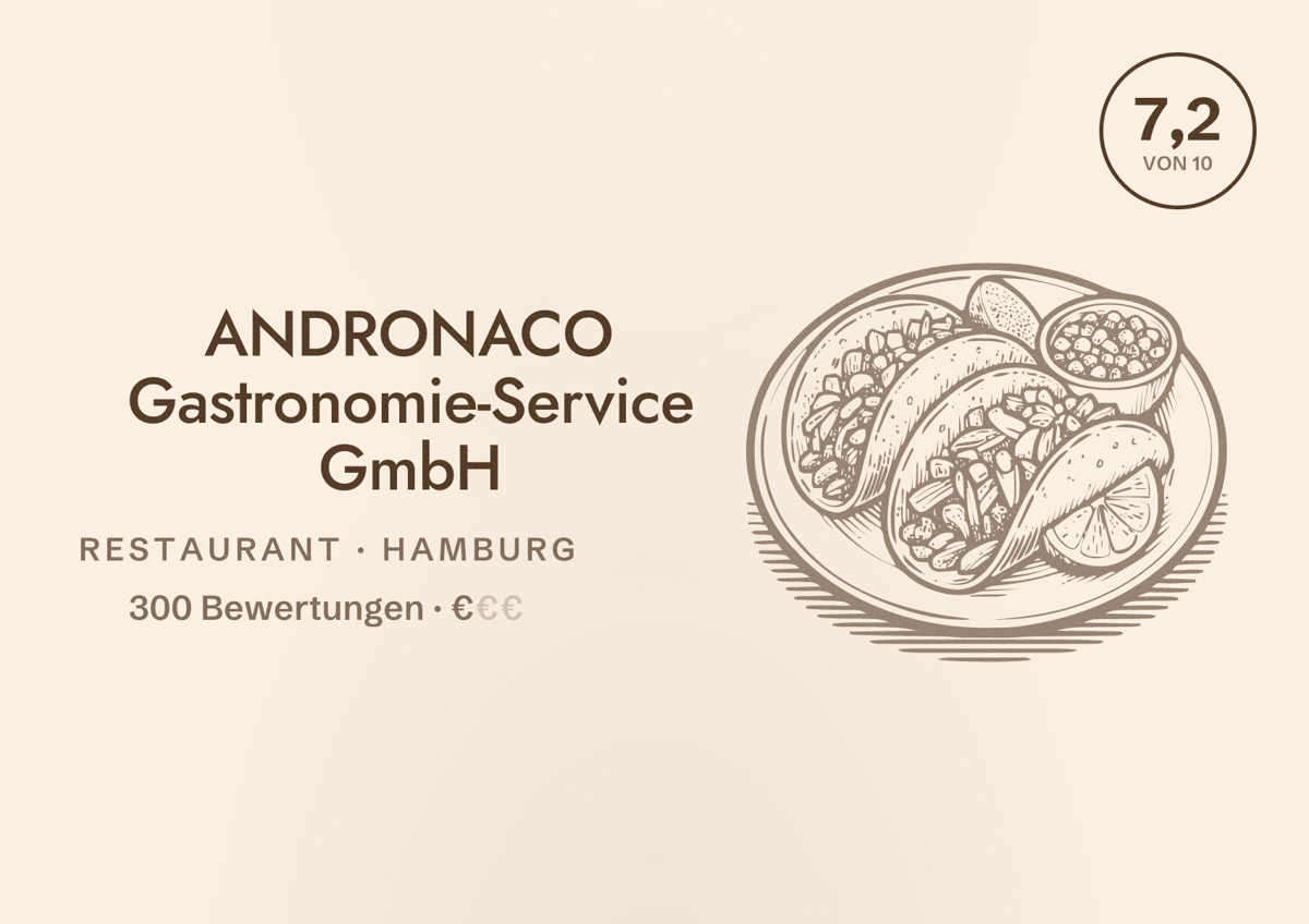 Illustriertes Poster von ANDRONACO Gastronomie-Service GmbH, Restaurant in Hamburg: Bewertung 7,2 von 10 aus 300 Bewertungen, Preisniveau €