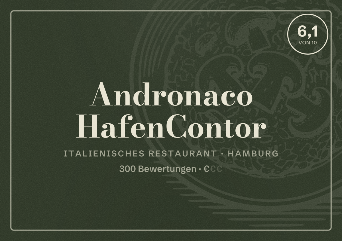 Illustriertes Poster von Andronaco HafenContor, Italienisches Restaurant in Hamburg: Bewertung 6,1 von 10 aus 300 Bewertungen, Preisniveau €