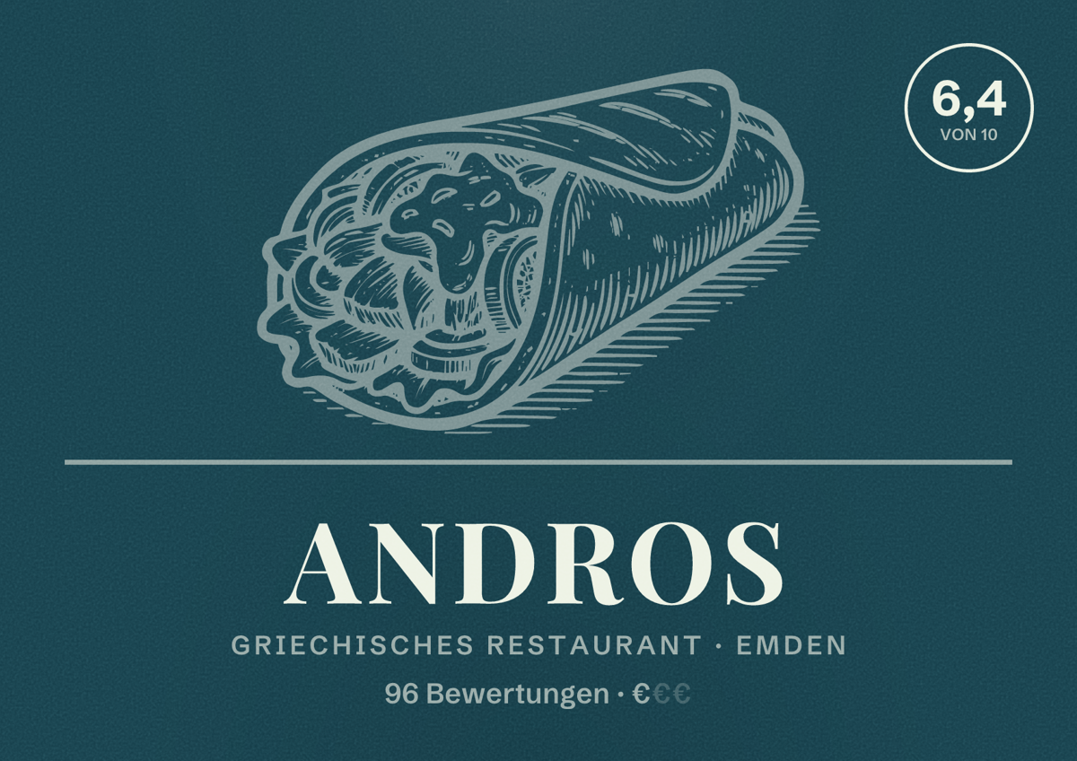 Illustriertes Poster von Andros, Griechisches Restaurant in Emden: Bewertung 6,4 von 10 aus 96 Bewertungen, Preisniveau €