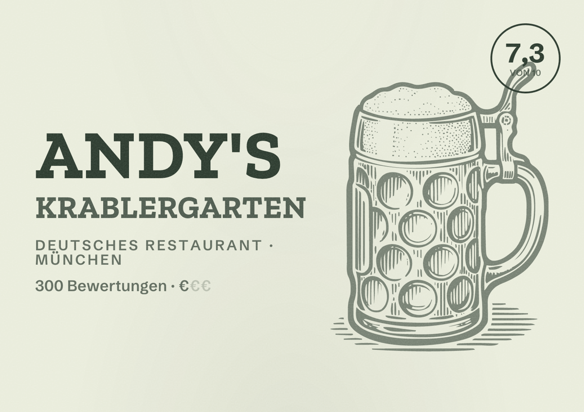 Illustriertes Poster von Andy's Krablergarten, Deutsches Restaurant in München: Bewertung 7,3 von 10 aus 300 Bewertungen, Preisniveau €