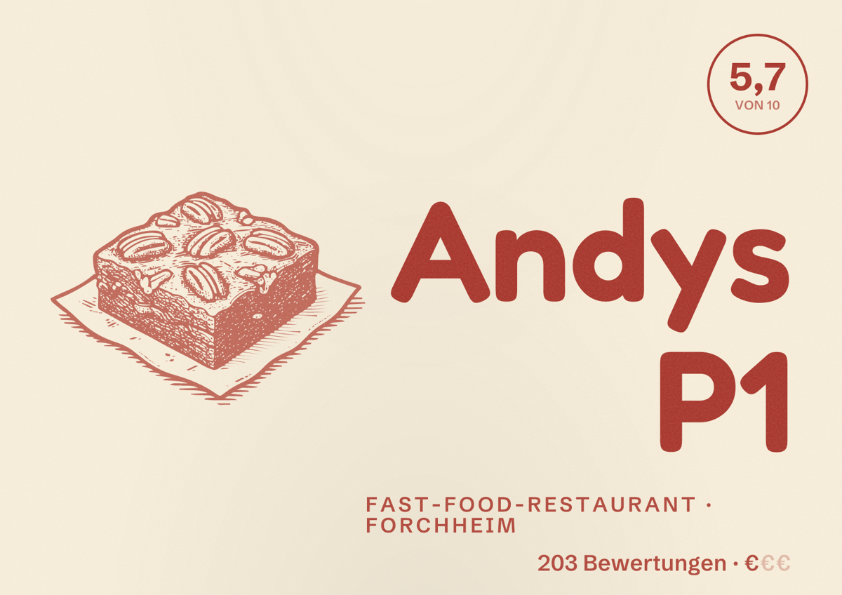 Illustriertes Poster von Andys P1, Fast-Food-Restaurant in Forchheim: Bewertung 5,7 von 10 aus 203 Bewertungen, Preisniveau €