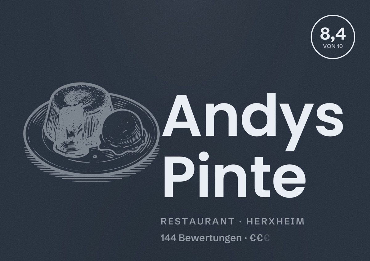 Illustriertes Poster von Andys Pinte, Restaurant in Herxheim: Bewertung 8,4 von 10 aus 144 Bewertungen, Preisniveau €€