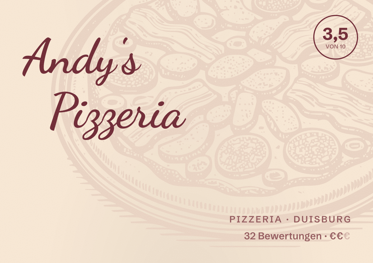 Illustriertes Poster von Andy's Pizzeria, Pizzeria in Duisburg: Bewertung 3,5 von 10 aus 32 Bewertungen, Preisniveau €€