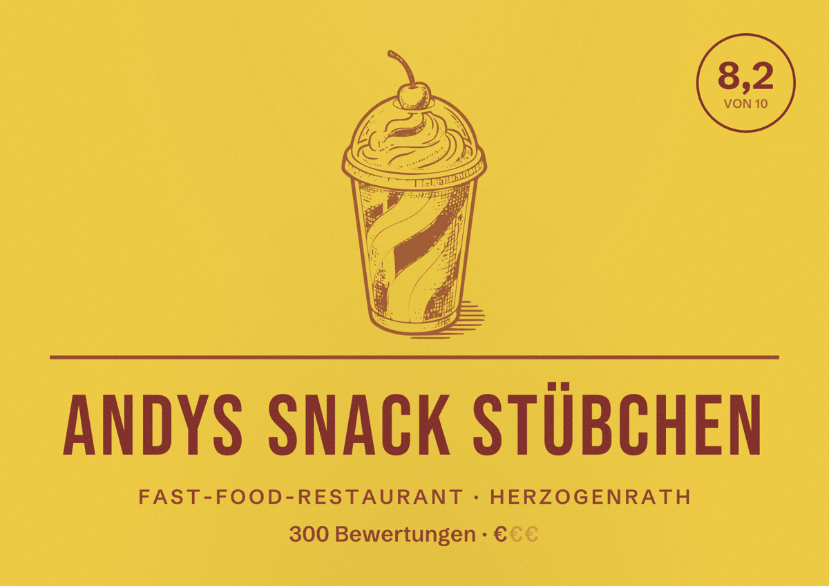 Illustriertes Poster von Andys Snack Stübchen, Fast-Food-Restaurant in Herzogenrath: Bewertung 8,2 von 10 aus 300 Bewertungen, Preisniveau €