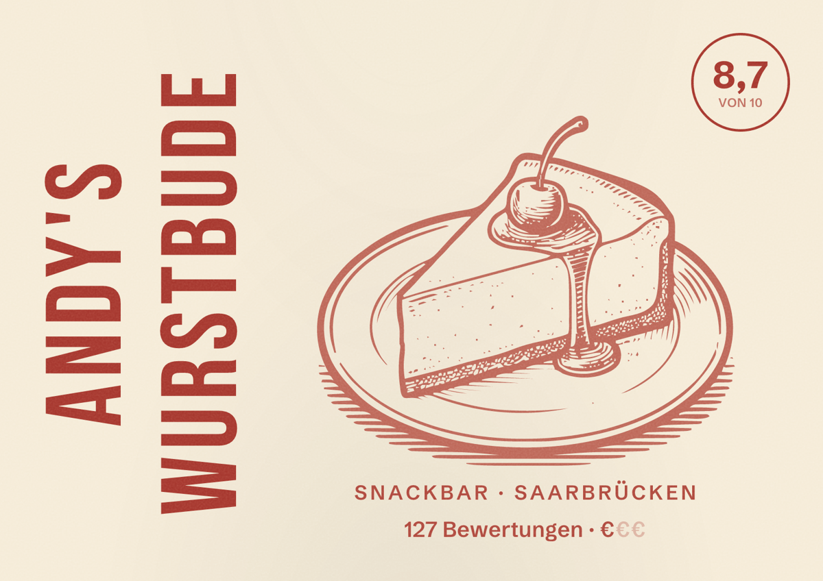 Illustriertes Poster von Andy's Wurstbude, Snackbar in Saarbrücken: Bewertung 8,7 von 10 aus 127 Bewertungen, Preisniveau €