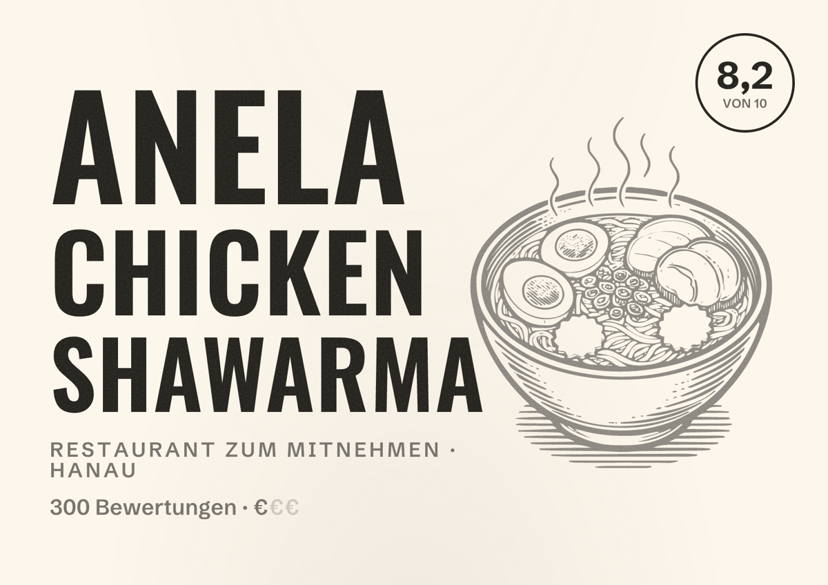 Illustriertes Poster von Anela Chicken Shawarma, Restaurant zum Mitnehmen in Hanau: Bewertung 8,2 von 10 aus 300 Bewertungen, Preisniveau €