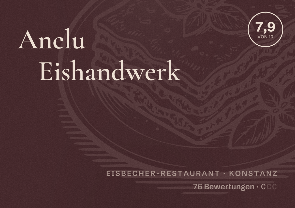 Illustriertes Poster von Anelu Eishandwerk, Eisbecher-Restaurant in Konstanz: Bewertung 7,9 von 10 aus 76 Bewertungen, Preisniveau €