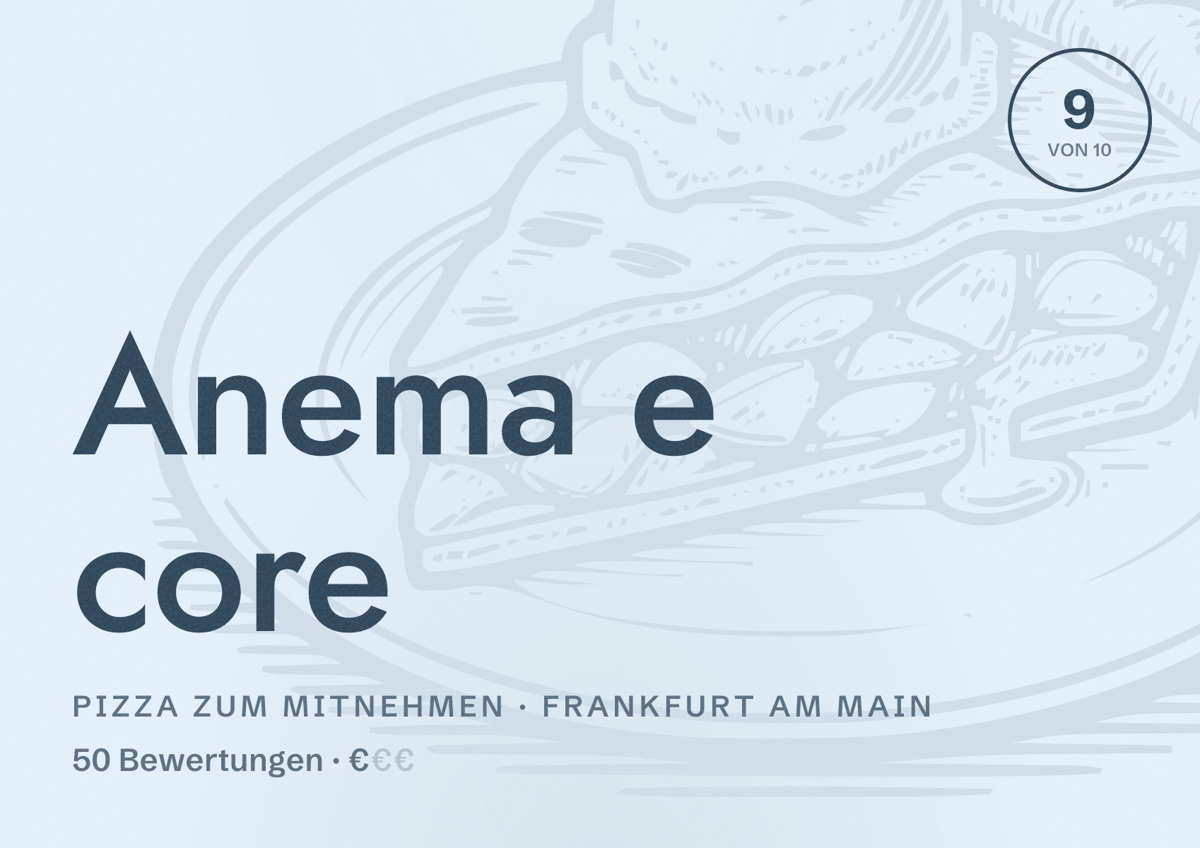 Illustriertes Poster von Anema e core, Pizza zum Mitnehmen in Frankfurt am Main: Bewertung 9,0 von 10 aus 50 Bewertungen, Preisniveau €