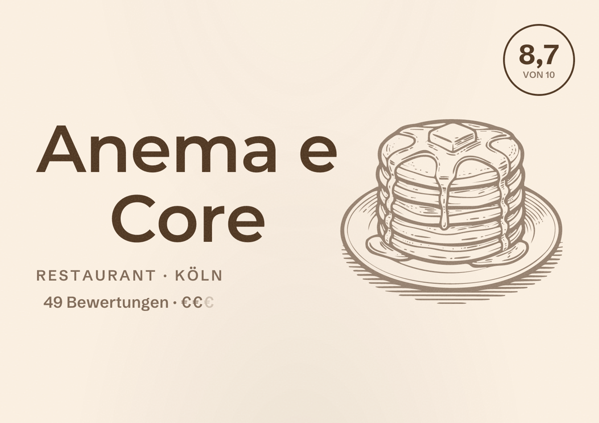 Illustriertes Poster von Anema e Core, Restaurant in Köln: Bewertung 8,7 von 10 aus 49 Bewertungen, Preisniveau €€