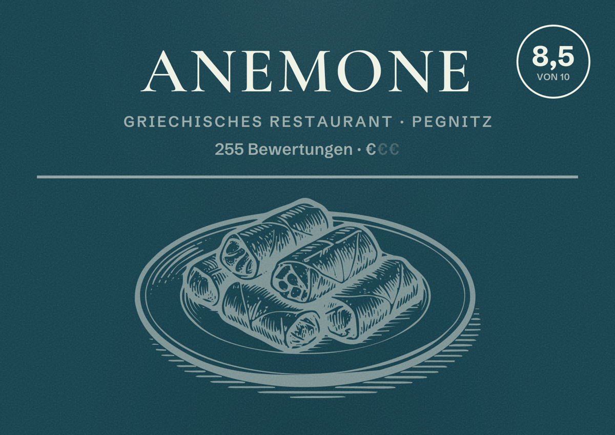 Illustriertes Poster von Anemone, Griechisches Restaurant in Pegnitz: Bewertung 8,5 von 10 aus 255 Bewertungen, Preisniveau €