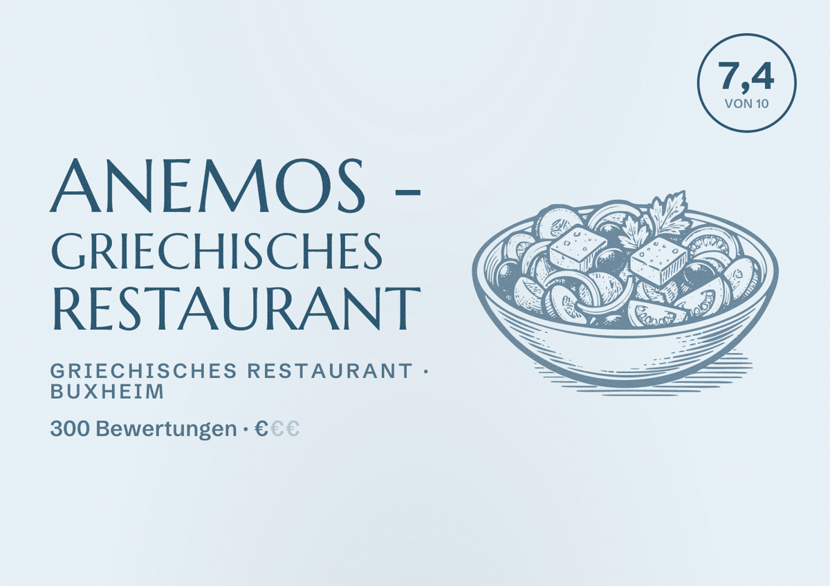 Illustriertes Poster von ANEMOS - Griechisches Restaurant, Griechisches Restaurant in Buxheim: Bewertung 7,4 von 10 aus 300 Bewertungen, Preisniveau €