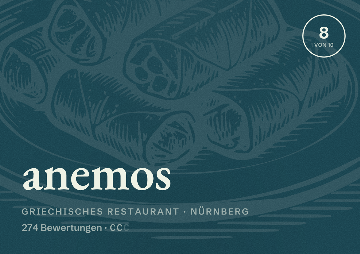 Illustriertes Poster von anemos, Griechisches Restaurant in Nürnberg: Bewertung 8,0 von 10 aus 274 Bewertungen, Preisniveau €€