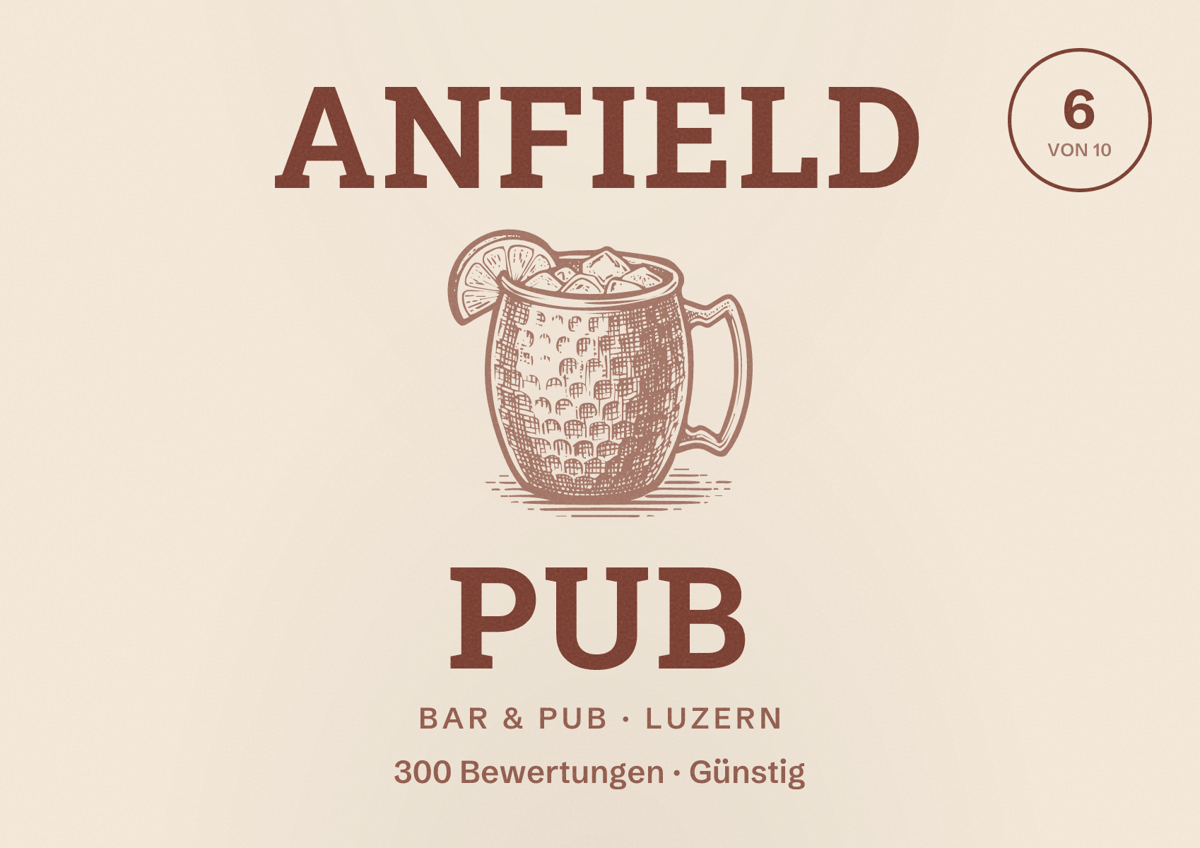 Illustriertes Poster von Anfield Pub, Bar & Pub in Luzern: Bewertung 6 von 10 aus 300 Bewertungen, Preisniveau Günstig